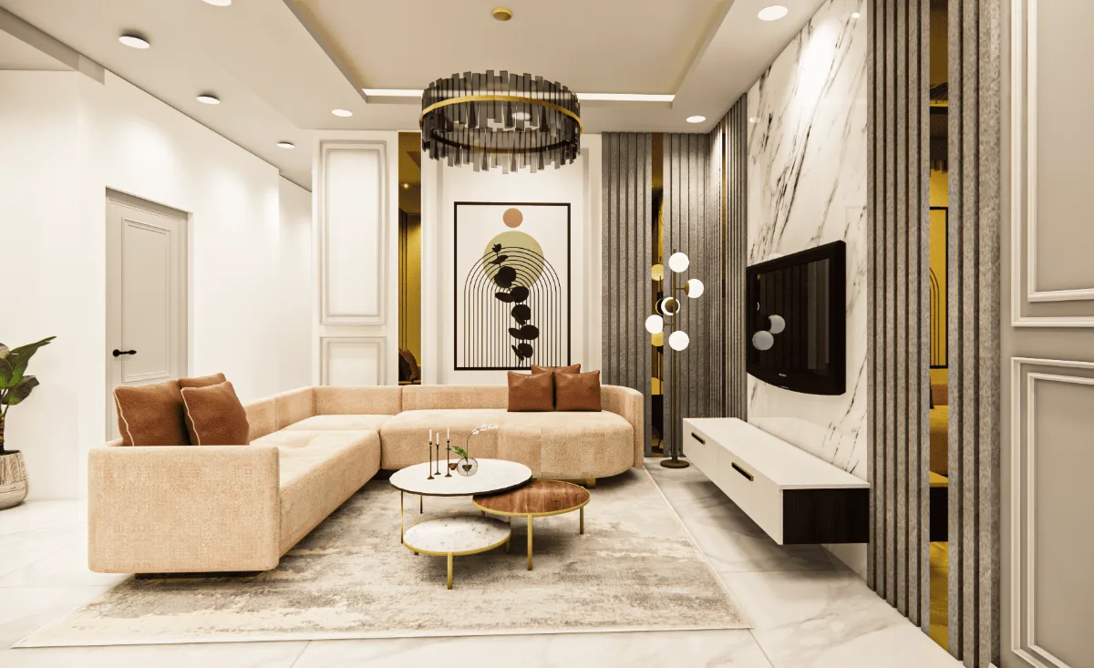 Interior designer in Kolkata – complete home interior package living room with false ceiling, TV unit and wall panels